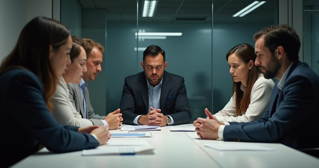 Team of professionals sitting at a table, looking serious and disconnected. 
