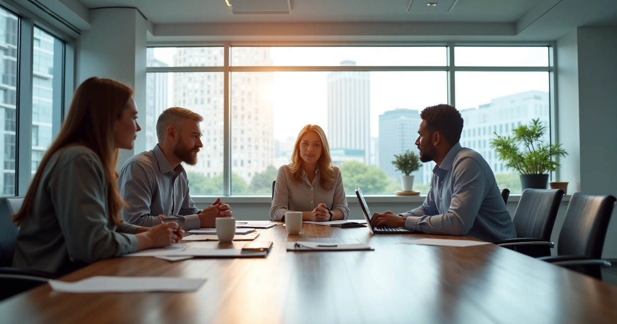 Team of professionals having a discussion in a bright meeting room.