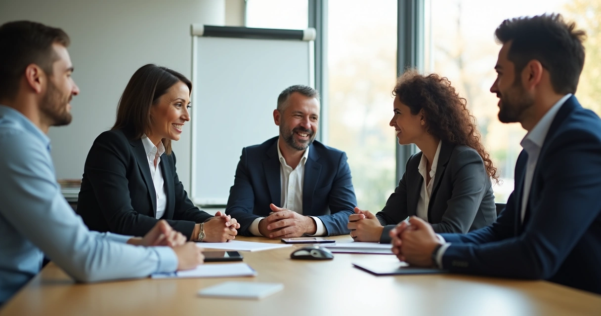 Team sitting around a table during a business meeting, one person speaks while others listen attentively