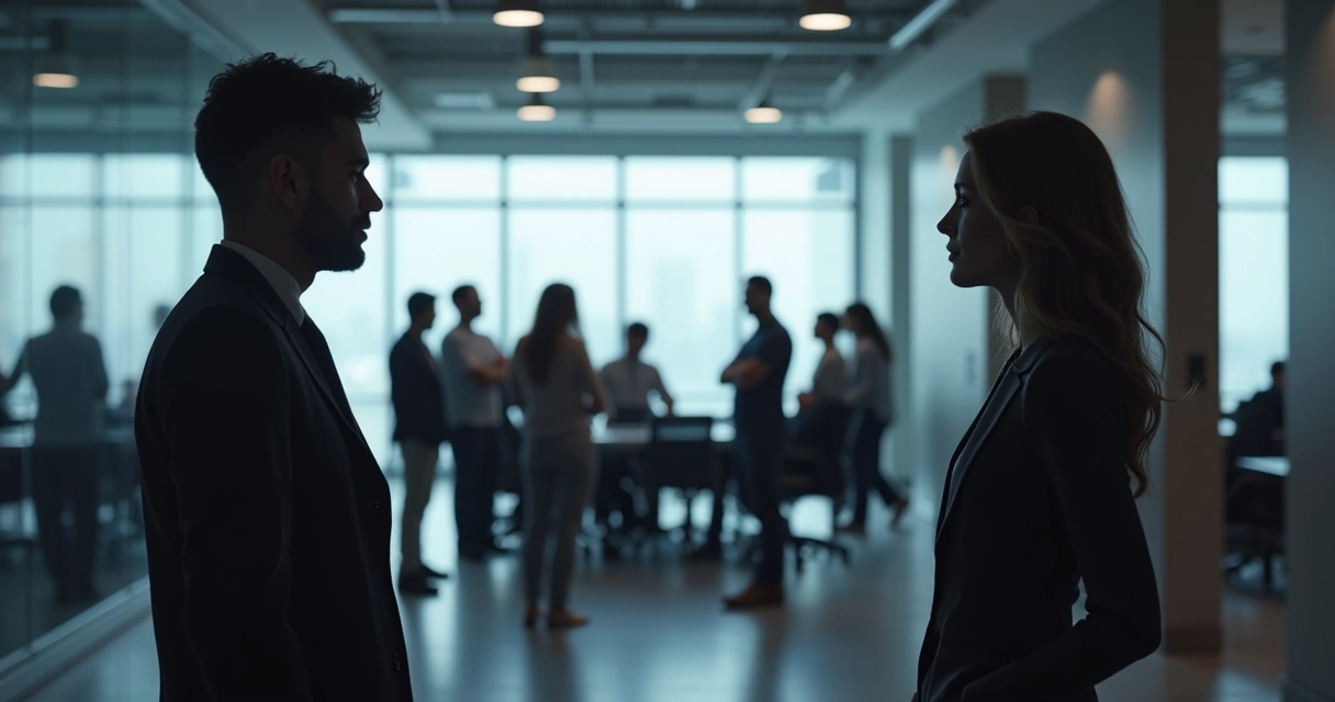 People in an office, some standing apart and avoiding eye contact, others in small groups talking quietly.