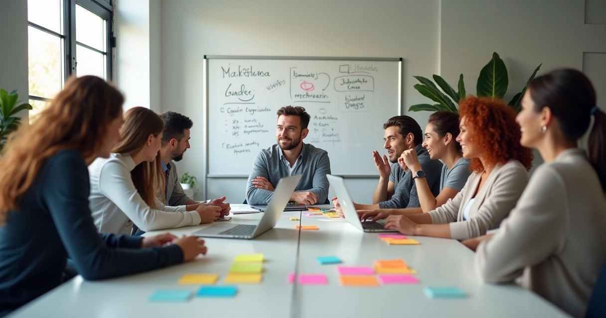 Diverse team collaborating around a table with sticky notes and laptops