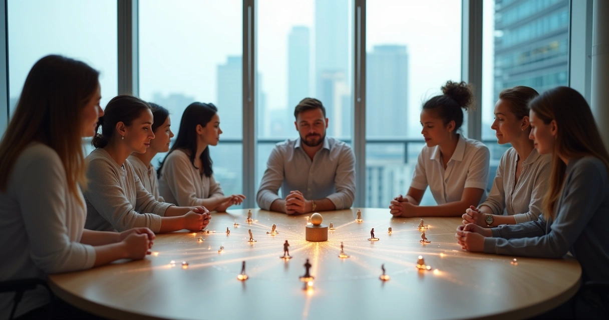 Business team in a circle connected by glowing lines representing integrative constellation alignment 