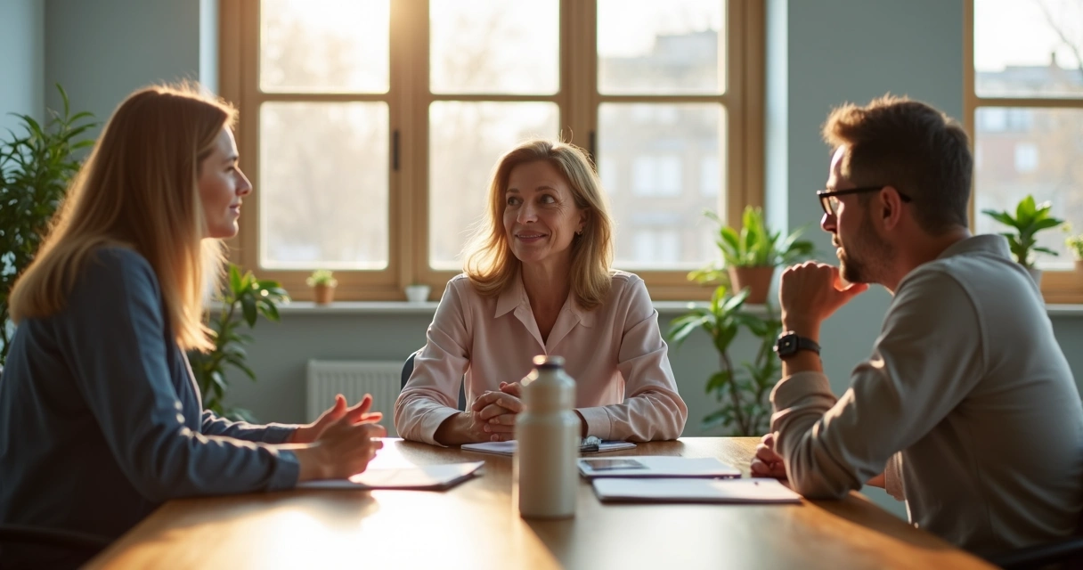 Colleagues showing collaboration and focused intention in a bright office 