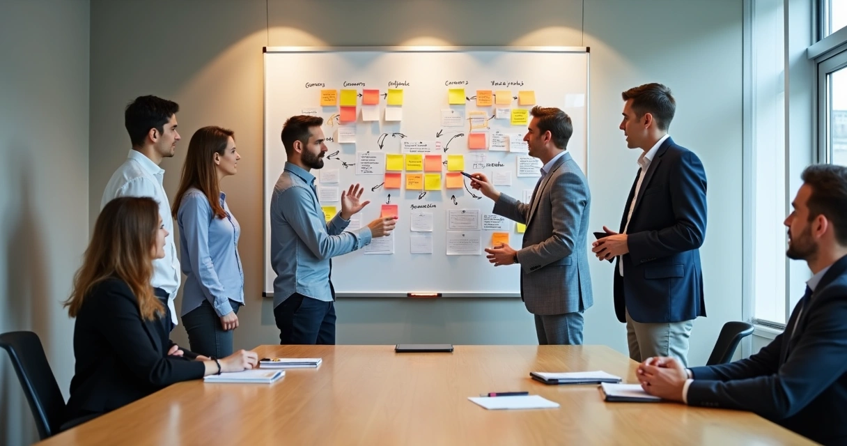 Team mapping goals and concerns on a wall board 
