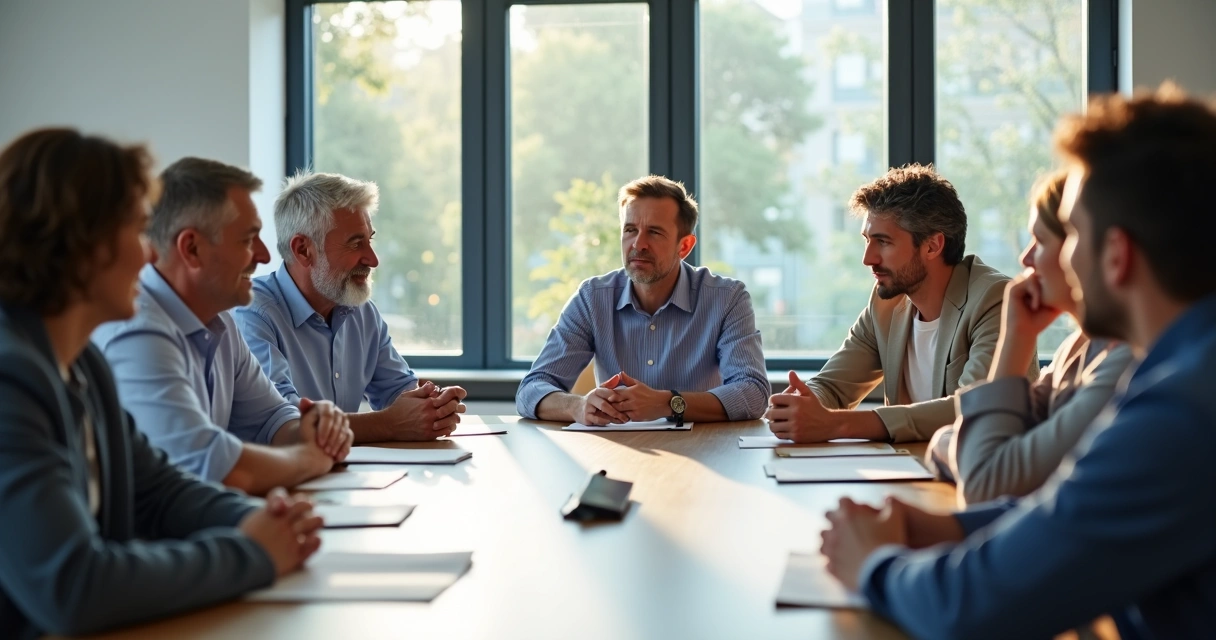 Group of people in discussion, showing body language reflecting different emotions 