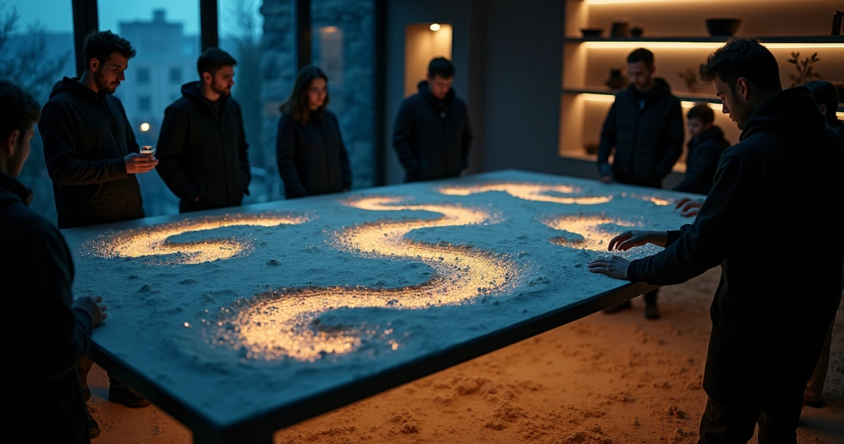 Team silhouettes shaping glowing patterns on a sand table at night 