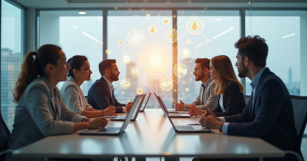 Business team in meeting room with shadow silhouettes showing hidden beliefs connections 