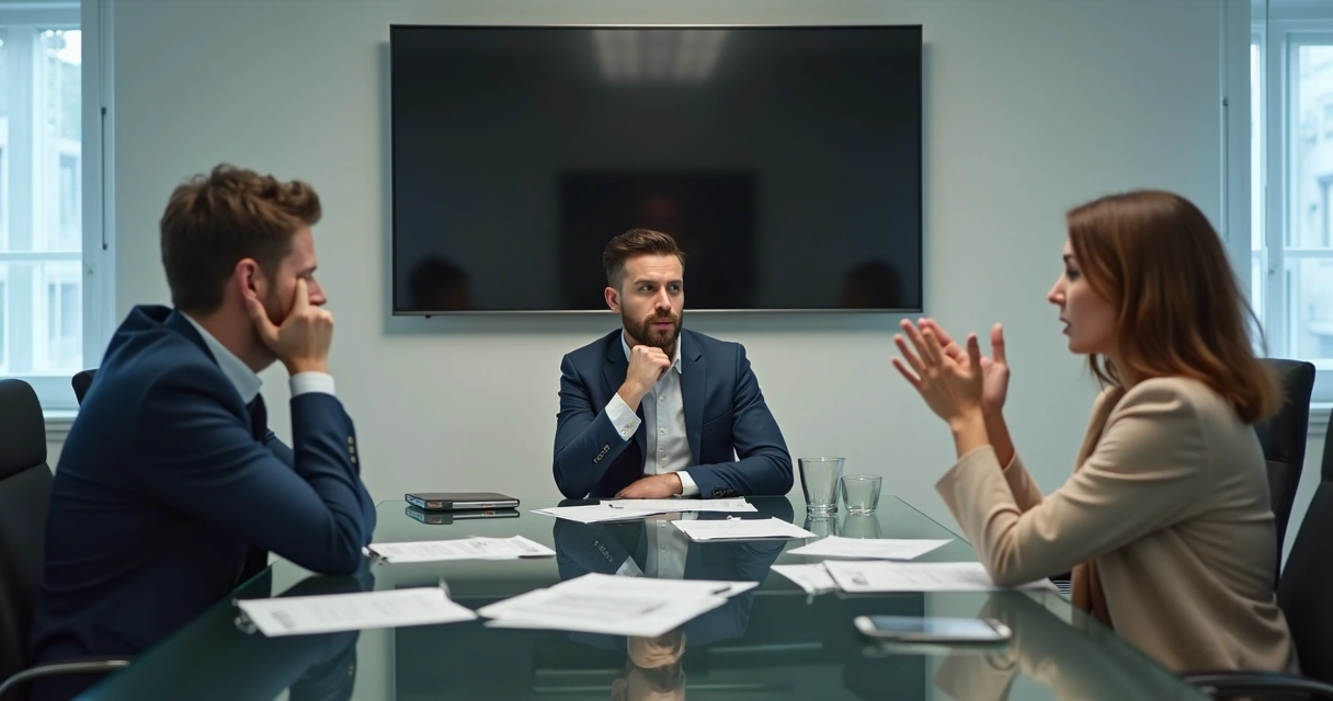 Small group in office meeting looking tense and frustrated 