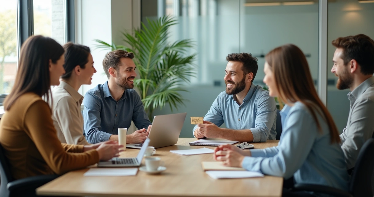 Team in a meeting sharing appreciation notes 