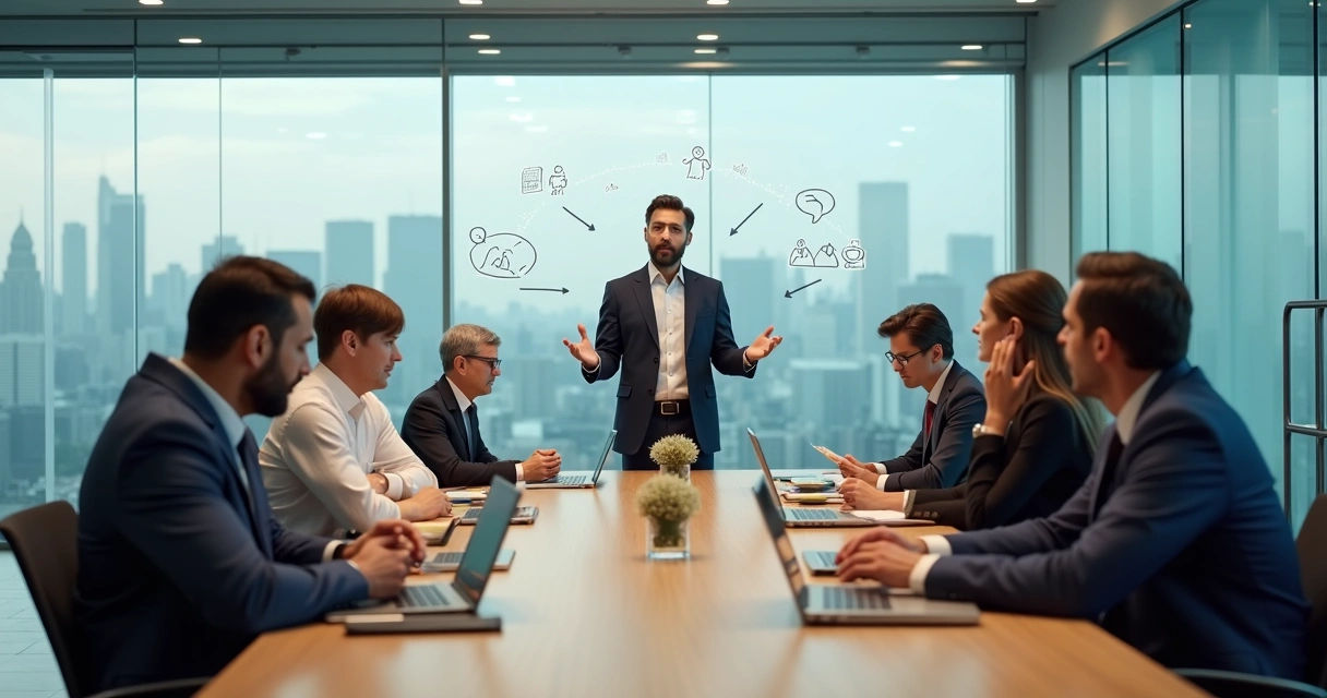 Leader standing while distracted team looks away in a meeting room 