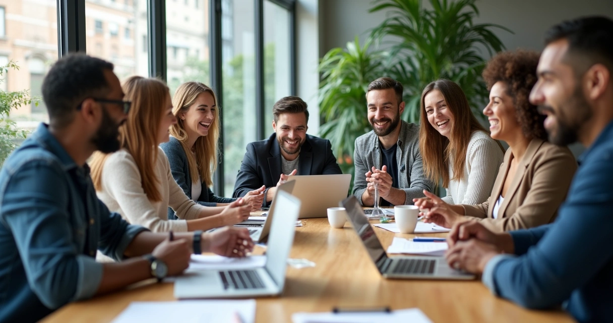 Team of office coworkers sharing a laugh around a conference table 