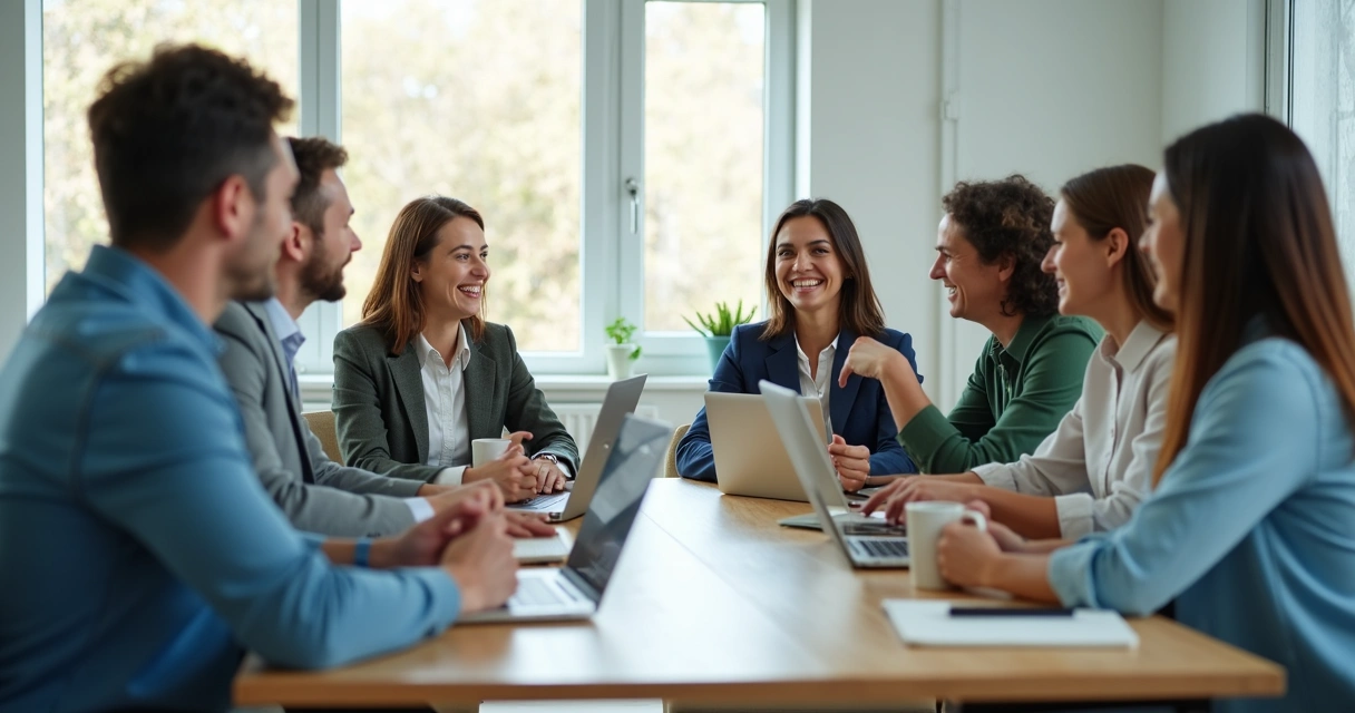 Team laughing together during a respectful office meeting