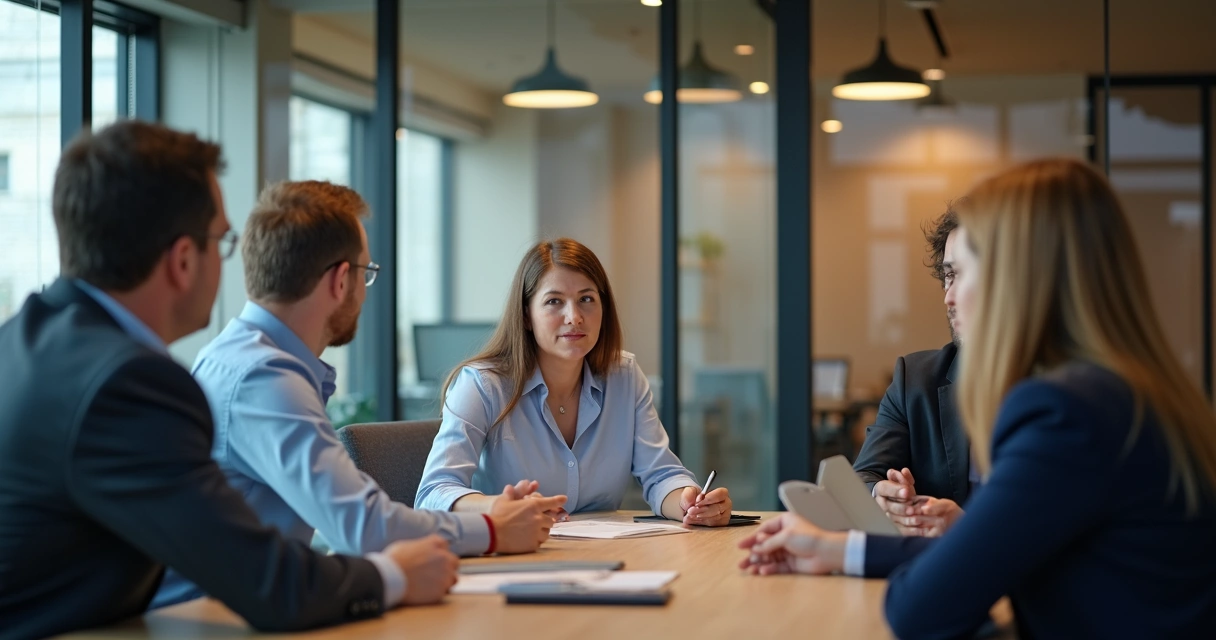 Team leader listening calmly to colleague in a meeting