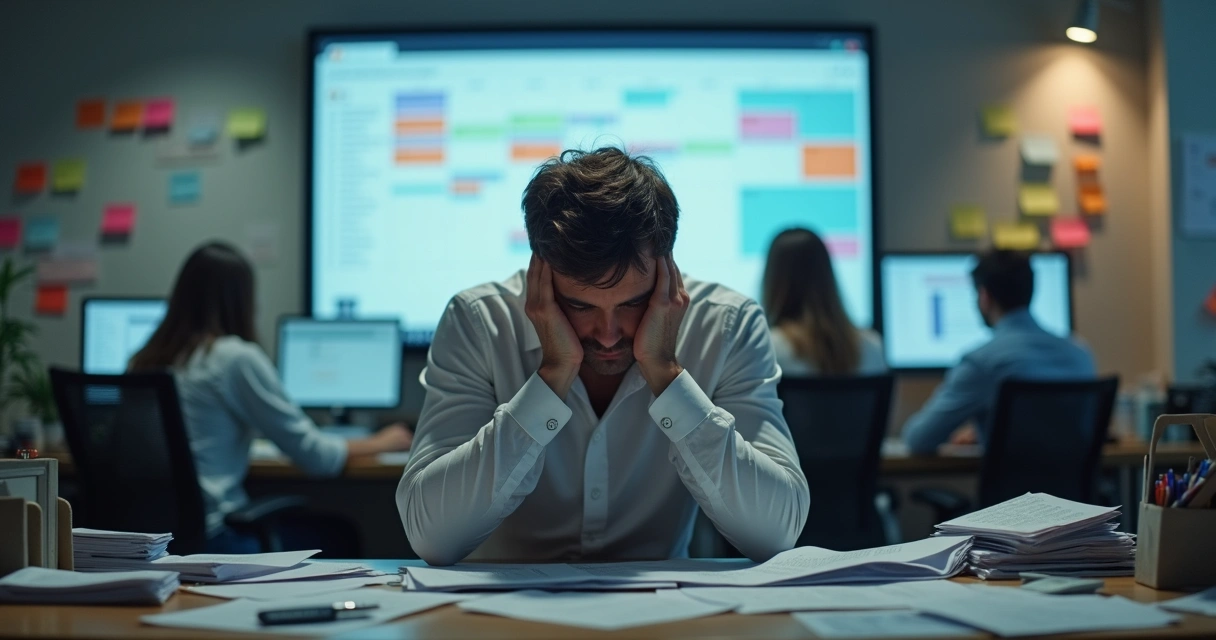 Team leader sitting at desk with head in hands, surrounded by paperwork.