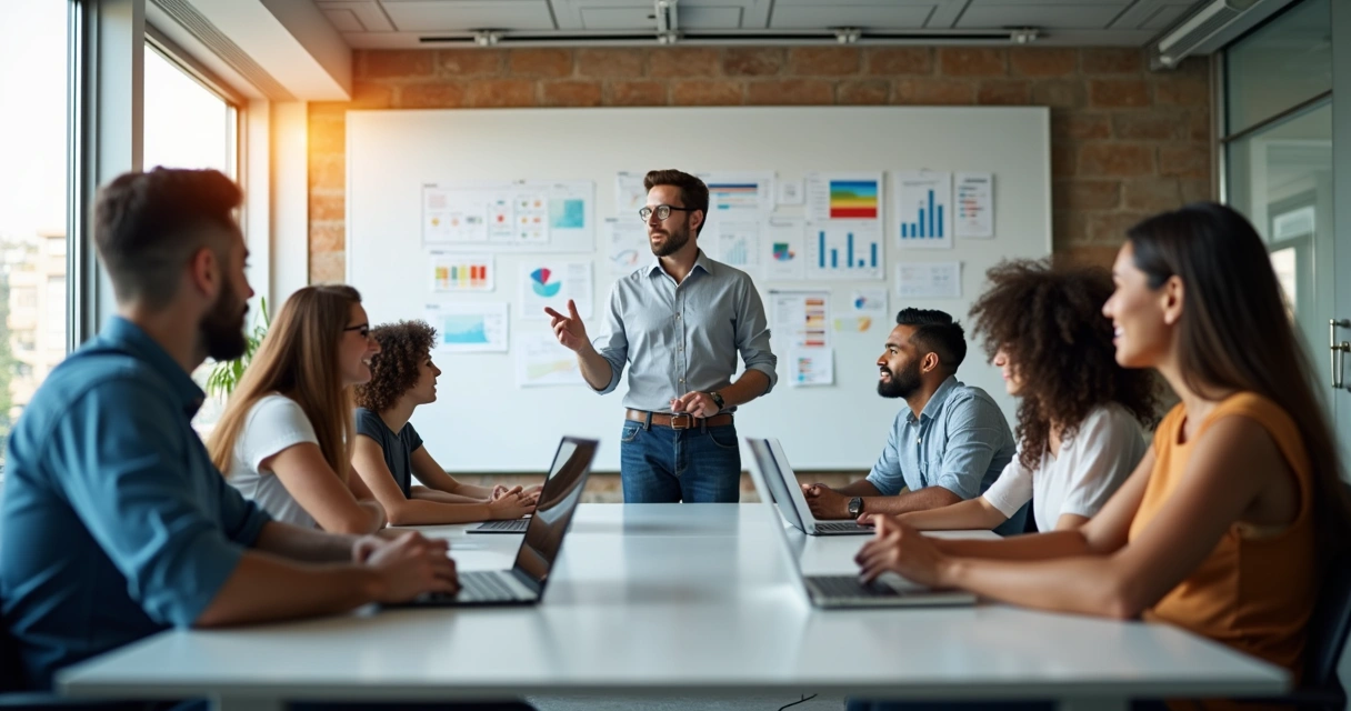 Team leader facilitating a lively group discussion in office 