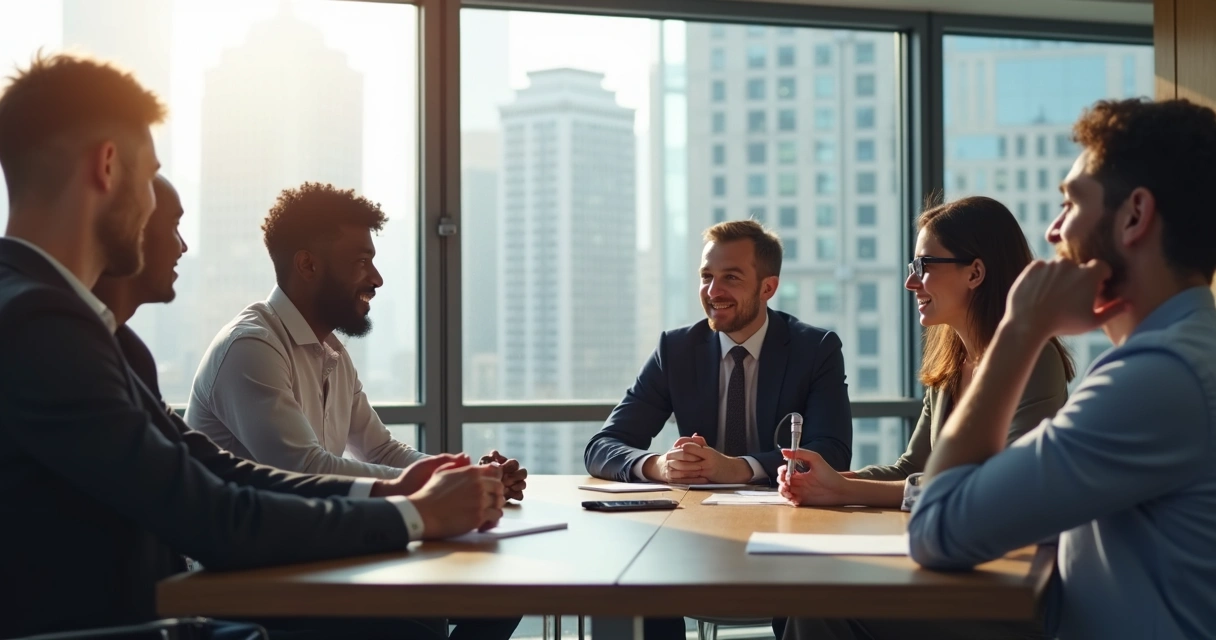 Diverse team leader in open discussion with team, emotions visible, office window background