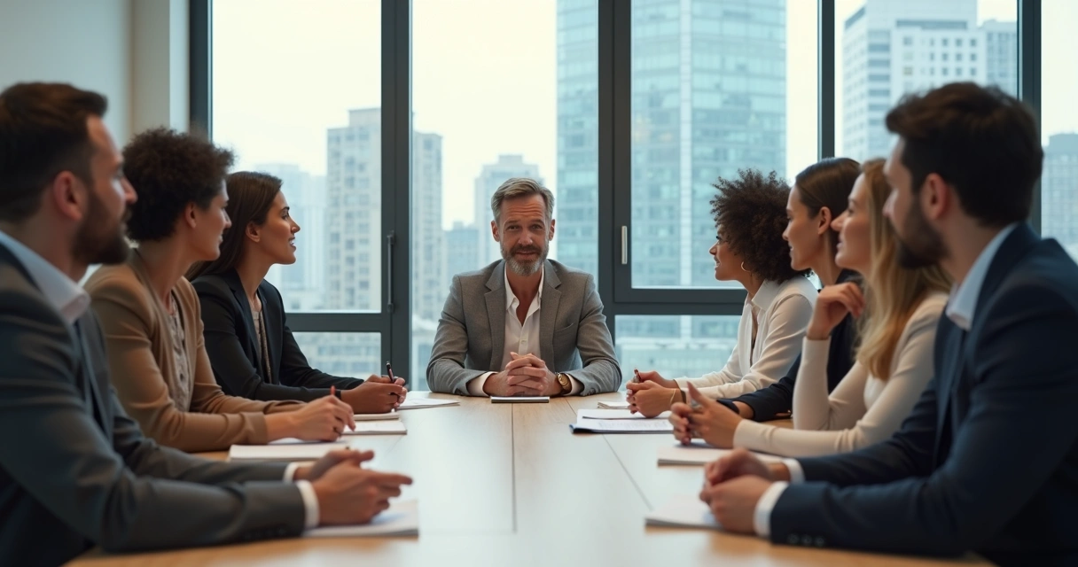 Team leader speaking to group in modern office. 