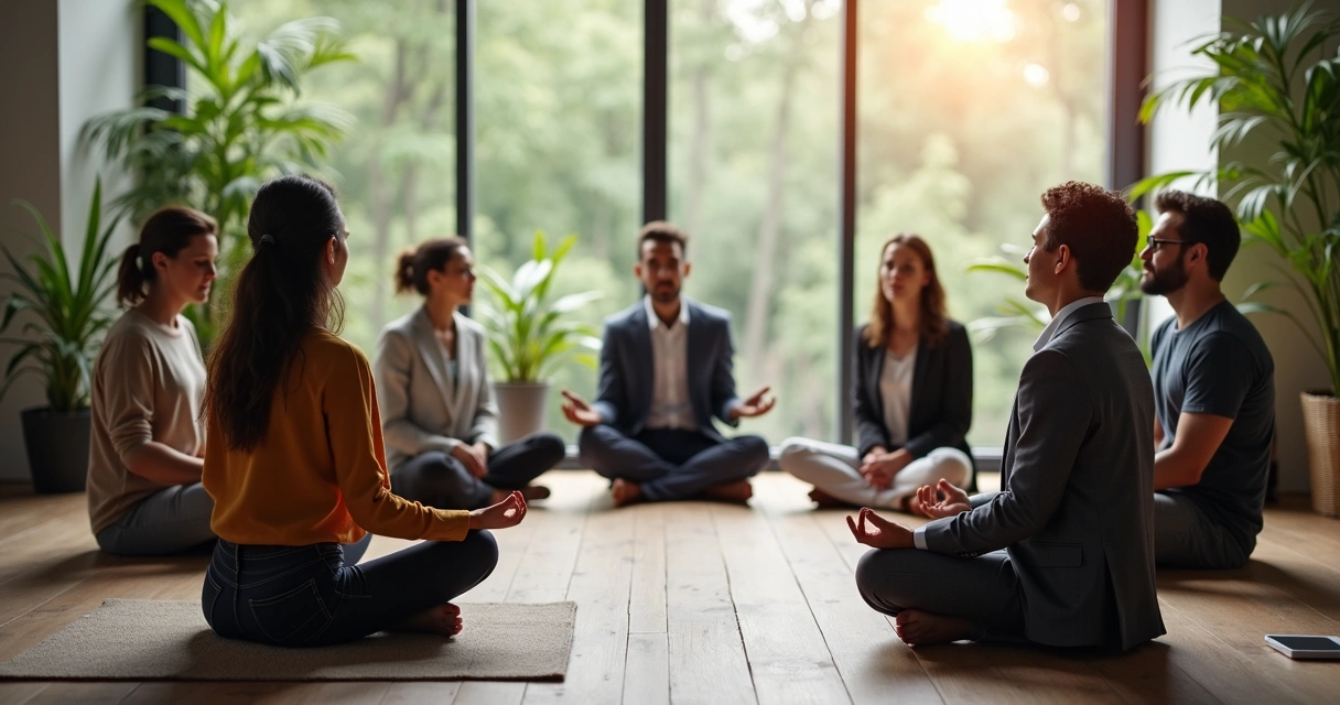 Team leader leading group meditation session 