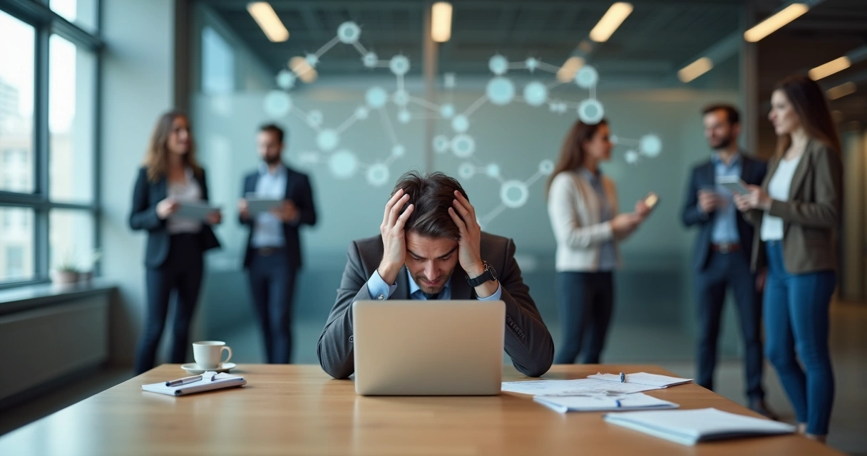 Stressed team leader at desk surrounded by blurred team and overlapping diagrams 
