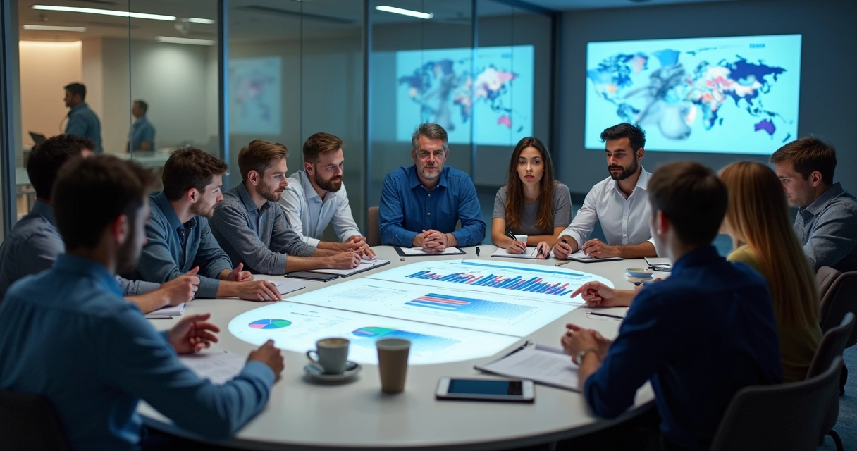 Team in roundtable discussion with collaborative atmosphere 