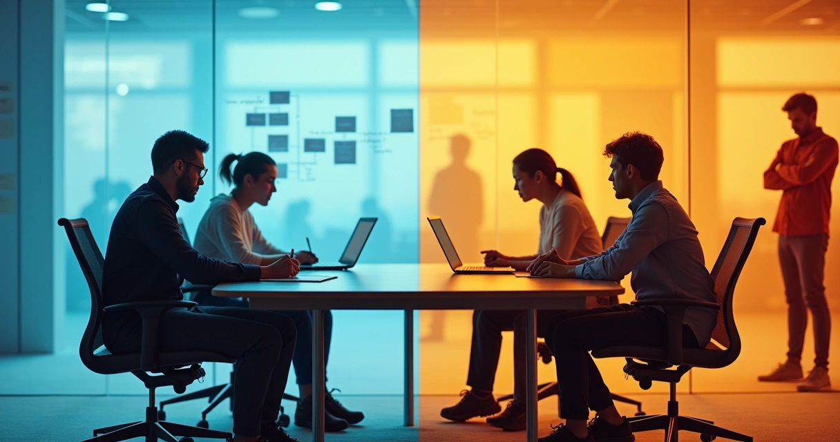 Team in modern office split between colored zones of tension and collaboration 