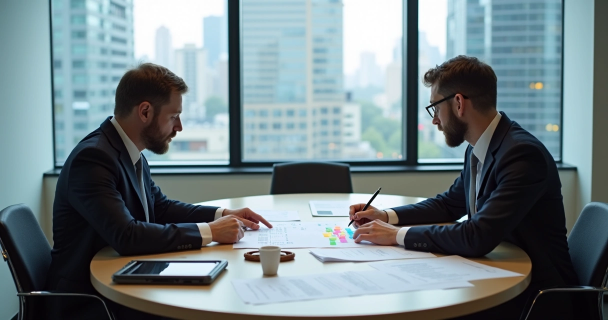 Technical expert and lawyer reviewing digital evidence at a table 