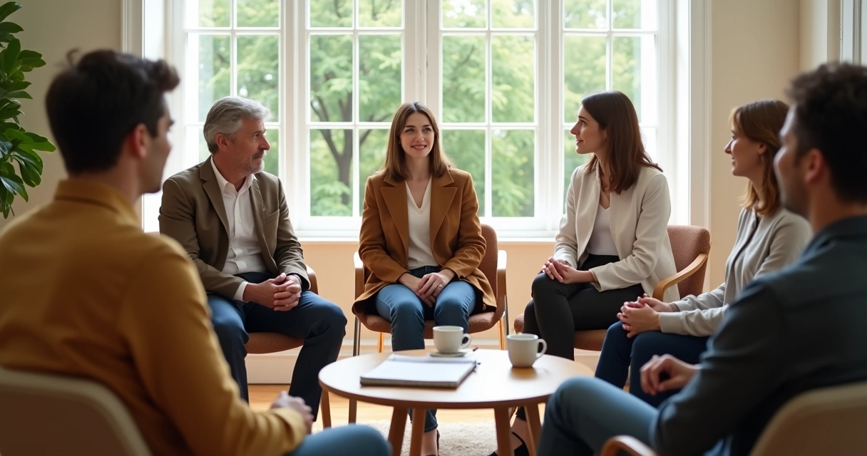 Small group listening in a circle during a calm discussion 