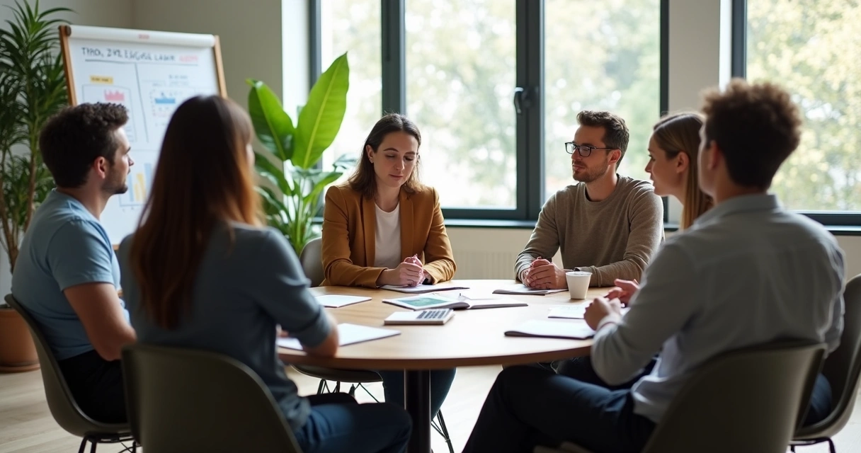 Team members in a listening circle during a project meeting