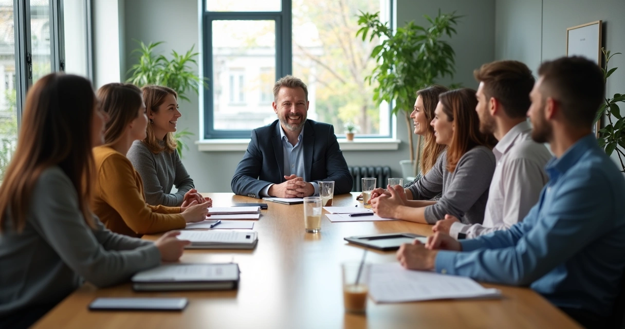 Diverse colleagues sit around a meeting table, listening attentively to a speaker 
