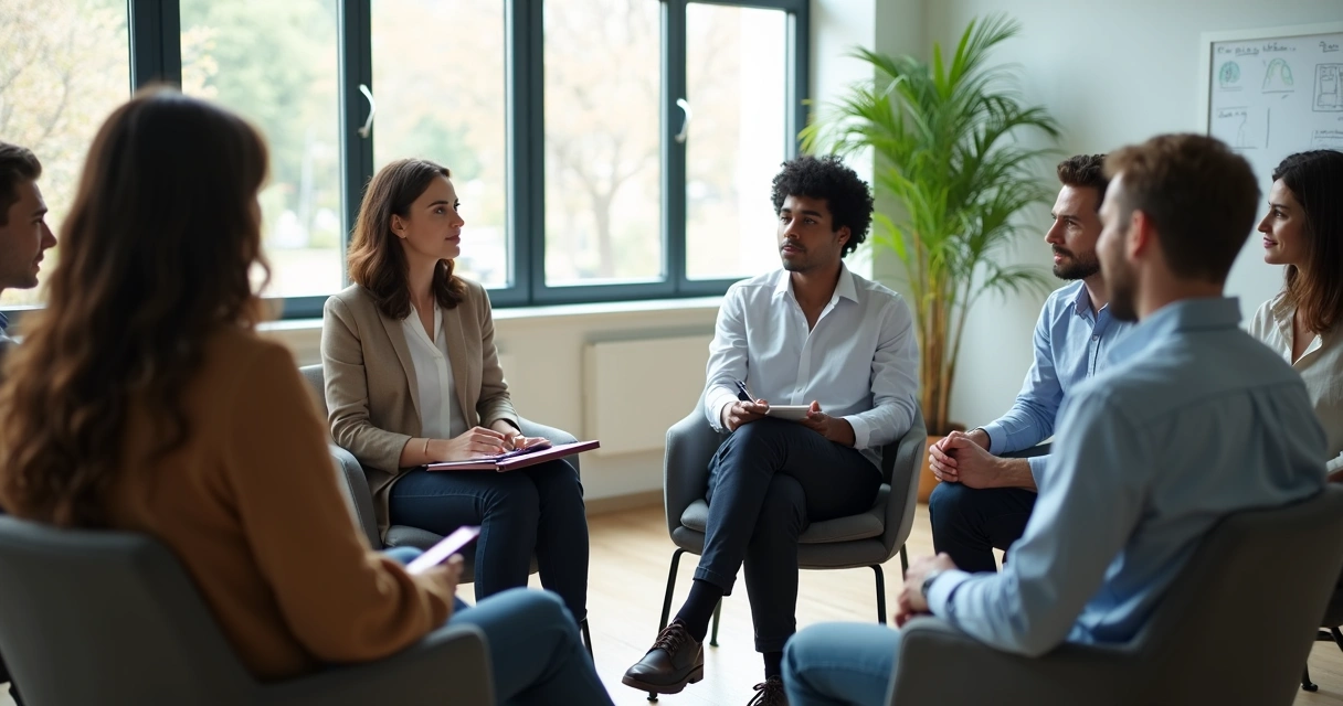 Team members sitting in a circle listening attentively to a speaker 