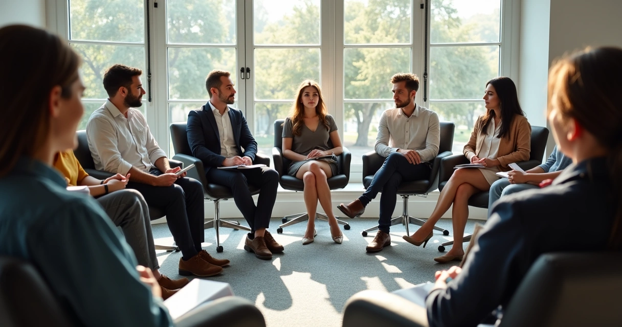 Team sitting in a circle practicing a listening exercise. 