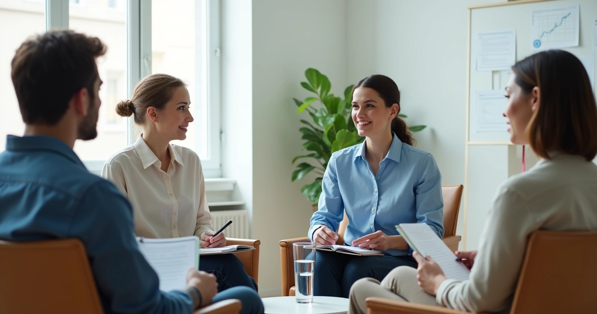 Small team in a meeting listening and taking notes 