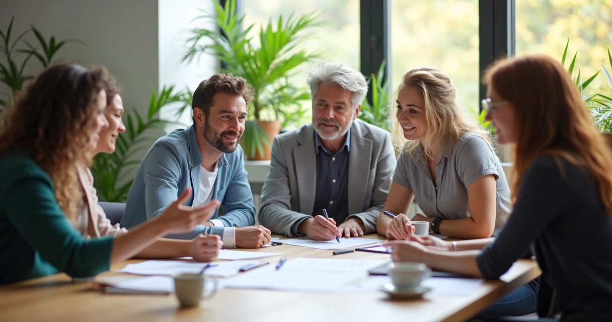 Office team listening and discussing together around a table