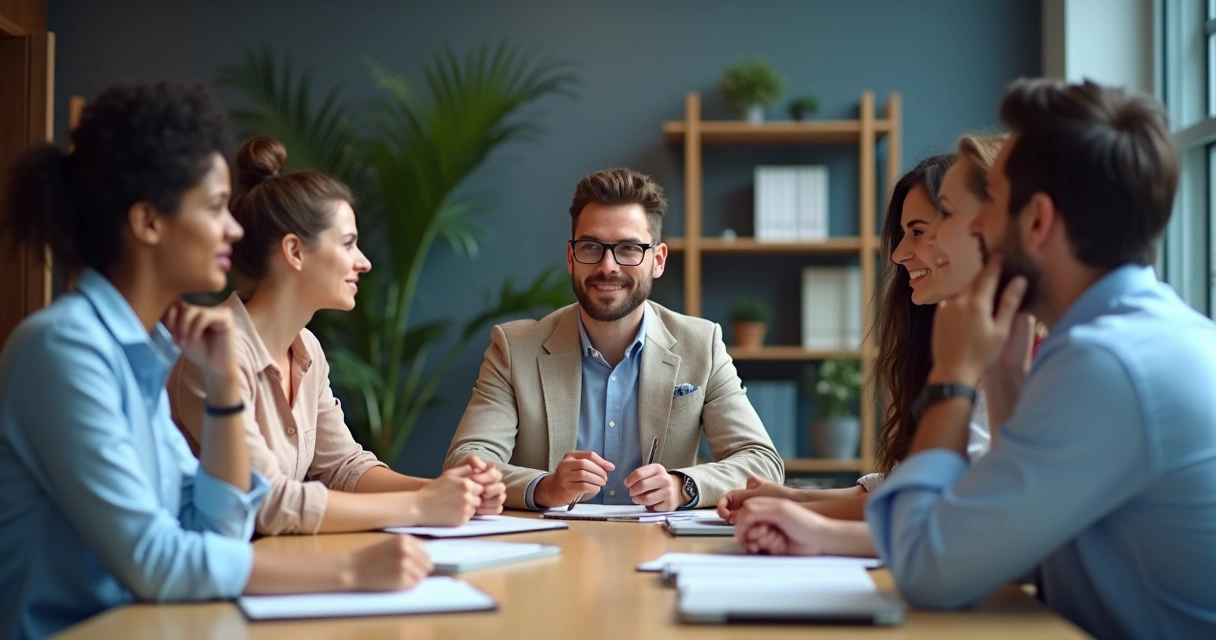 Team gathered around a table having a discussion 
