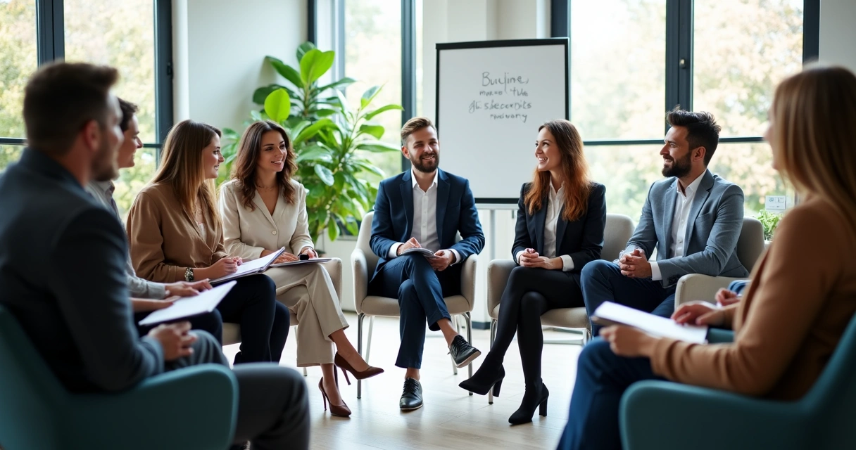 Team members in a circle practicing attentive listening during a meeting 