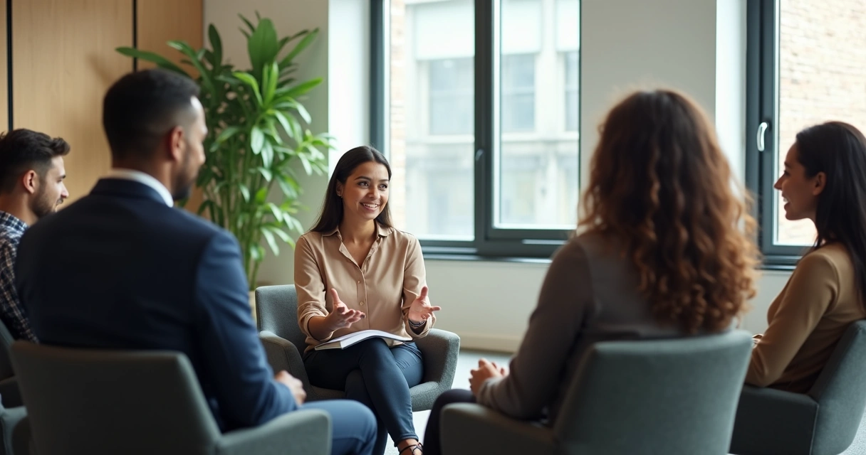 Diverse group of colleagues sitting in a circle, one person speaking, others listening attentively in a bright modern meeting room. 