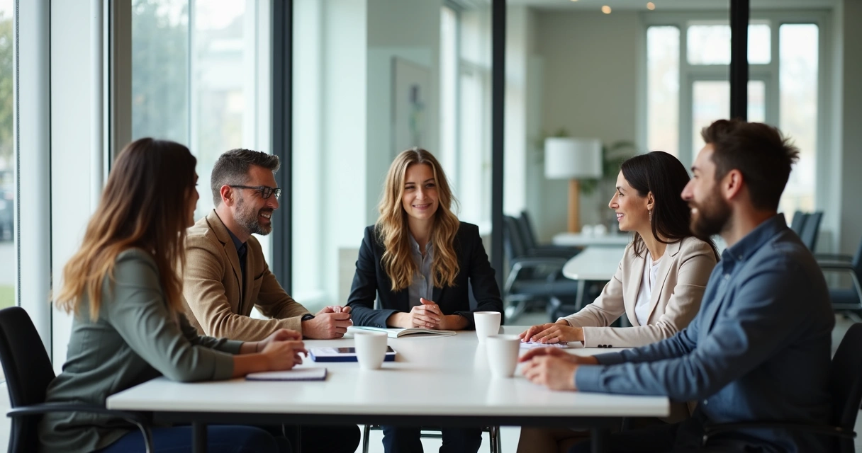 Team gathered at a meeting table, actively listening to one speaker