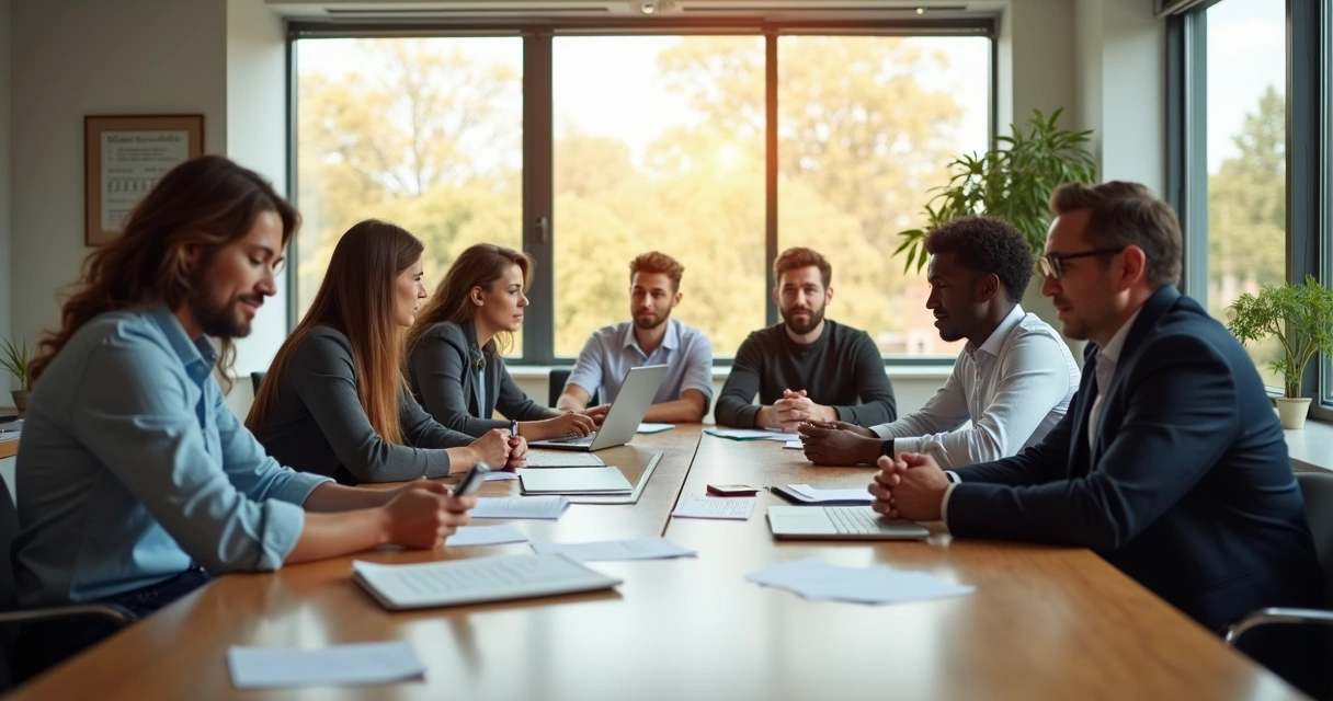 Team sitting at a table in office, several members disengaged, low morale visible 