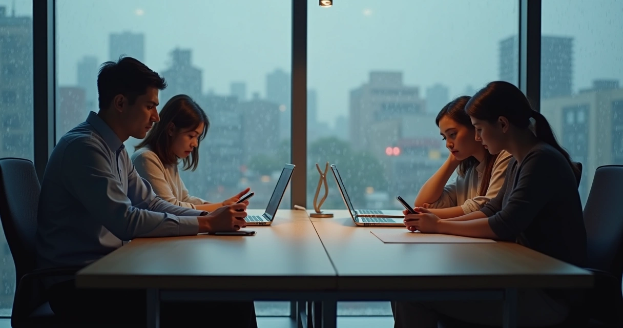 Small work team sitting at a table, appearing distracted and unmotivated. 