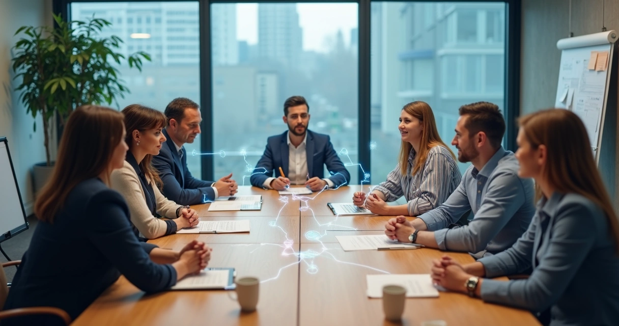 Business team at meeting table connected by invisible threads 