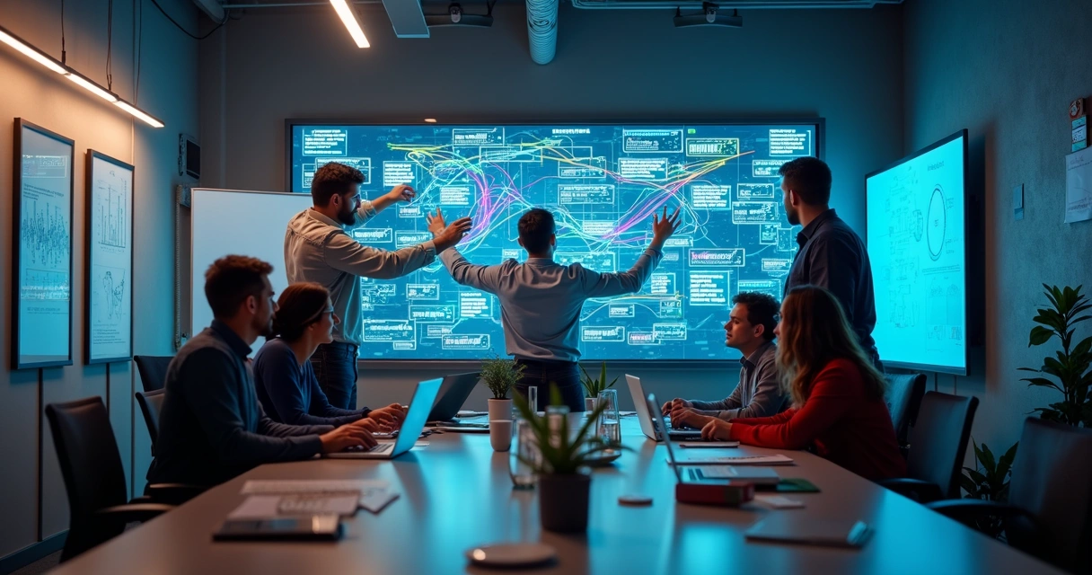 Professional team organizing digital data streams in a workspace 