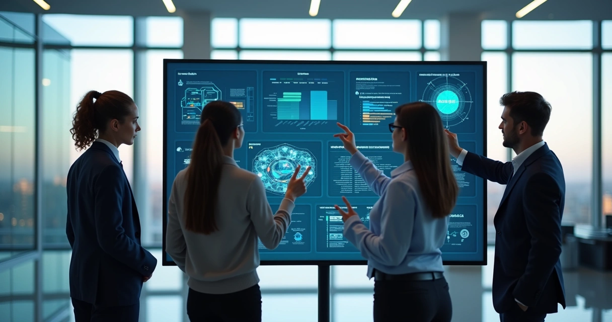 Technology team automating IT tasks using digital dashboard with charts and workflow diagrams 