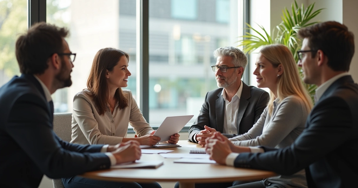 Colleagues sitting with a mediator in an office, all calmly discussing together