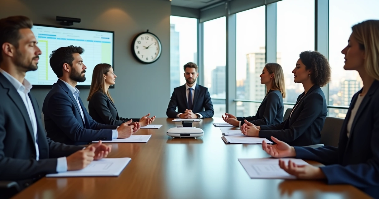 Business team meditating together in a boardroom 