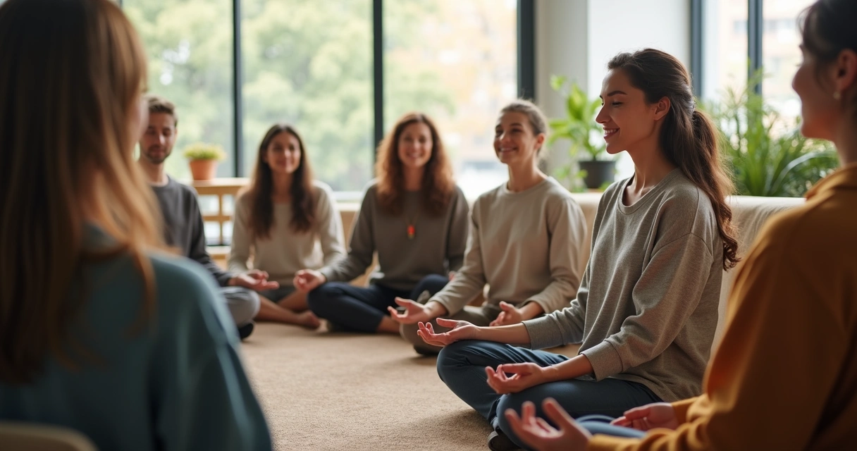 Group of employees meditating together in a break room 
