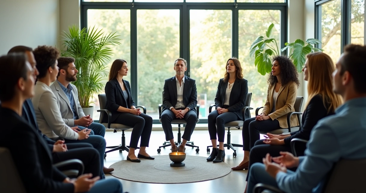 Team of diverse people sitting in a circle with eyes closed, meditating together in a bright office room