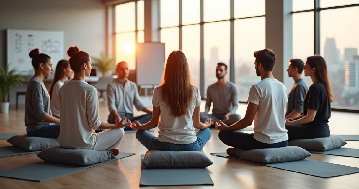 Diverse team sitting in a meditation circle in a modern office 