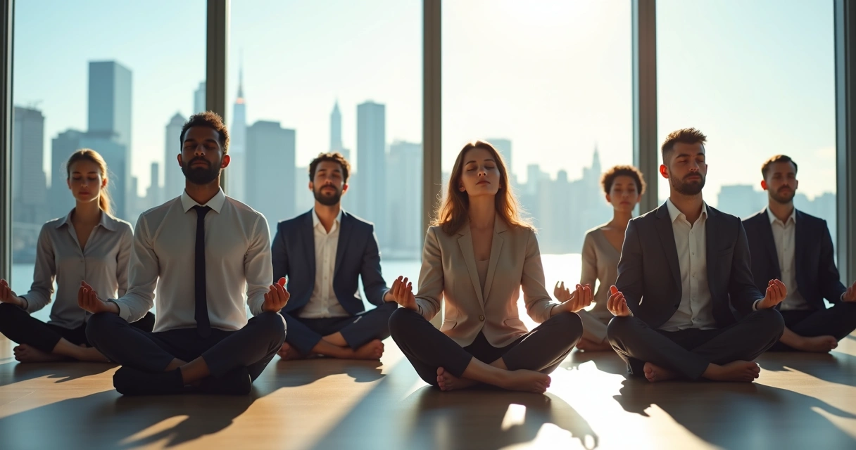 Business team practicing meditation together in a modern office