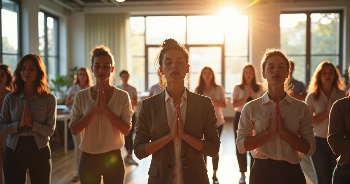 Team practicing mindful breathing together in a modern office 