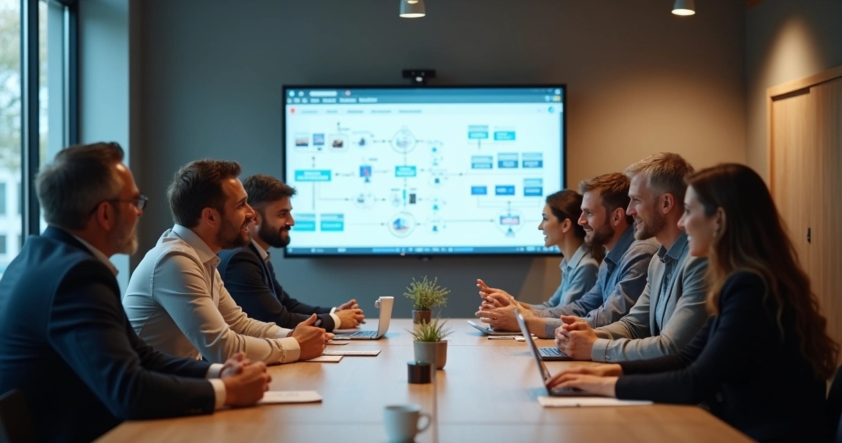 Team meeting discussing business automation change 